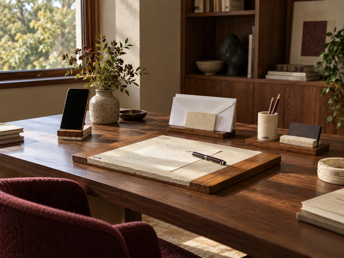 Accessoires du Coffret de Bureau VIP en béton et bois sur un bureau.