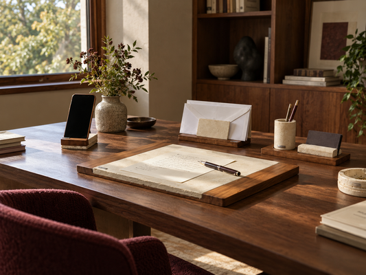 Accessoires du Coffret de Bureau VIP en béton et bois sur un bureau.