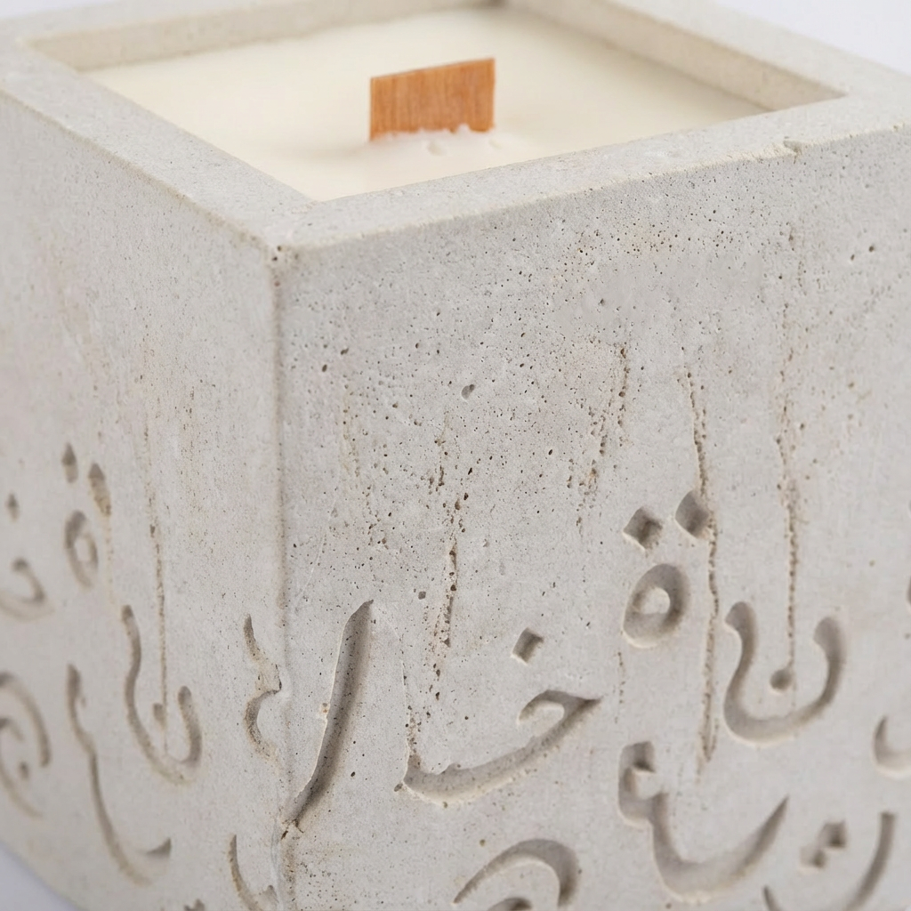 Bougie carrée élégante avec support en béton GFCR texturé, cire blanche et mèche en bois, design moderne et minimaliste pour décoration intérieure. fait-main tunisien