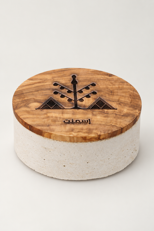 Boîte Oliveraie blanche Ø12 cm — couvercle en bois gravé