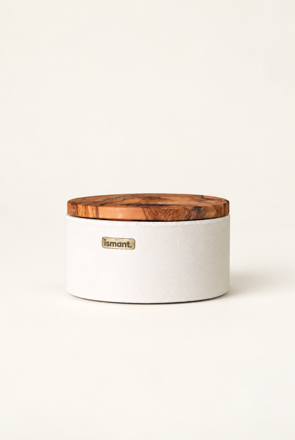 Diffuseur de parfum passif Ismant : boîte ronde en béton, couvercle en bois, pierres de perlite
