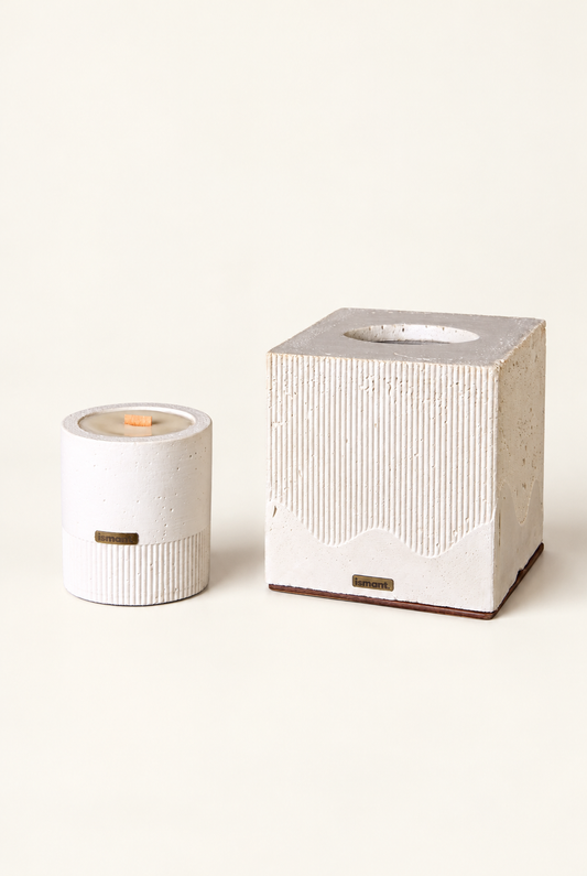 Coffret Brume Ismant : bougie à mèche en bois et boîte à mouchoirs en béton