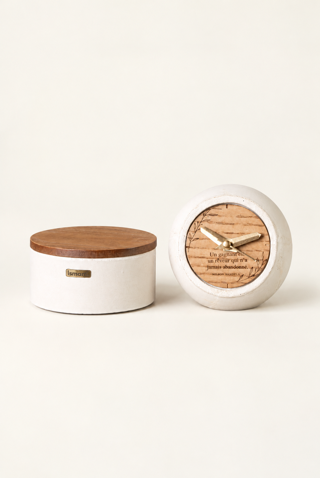Coffret Subtil Ismant : horloge en bois gravé et diffuseur de parfum en béton