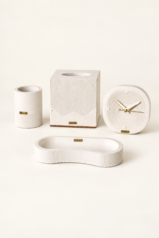 Coffret Éclipse Ismant : horloge, pot à crayons, vide-poche et boîte à mouchoirs en béton strié