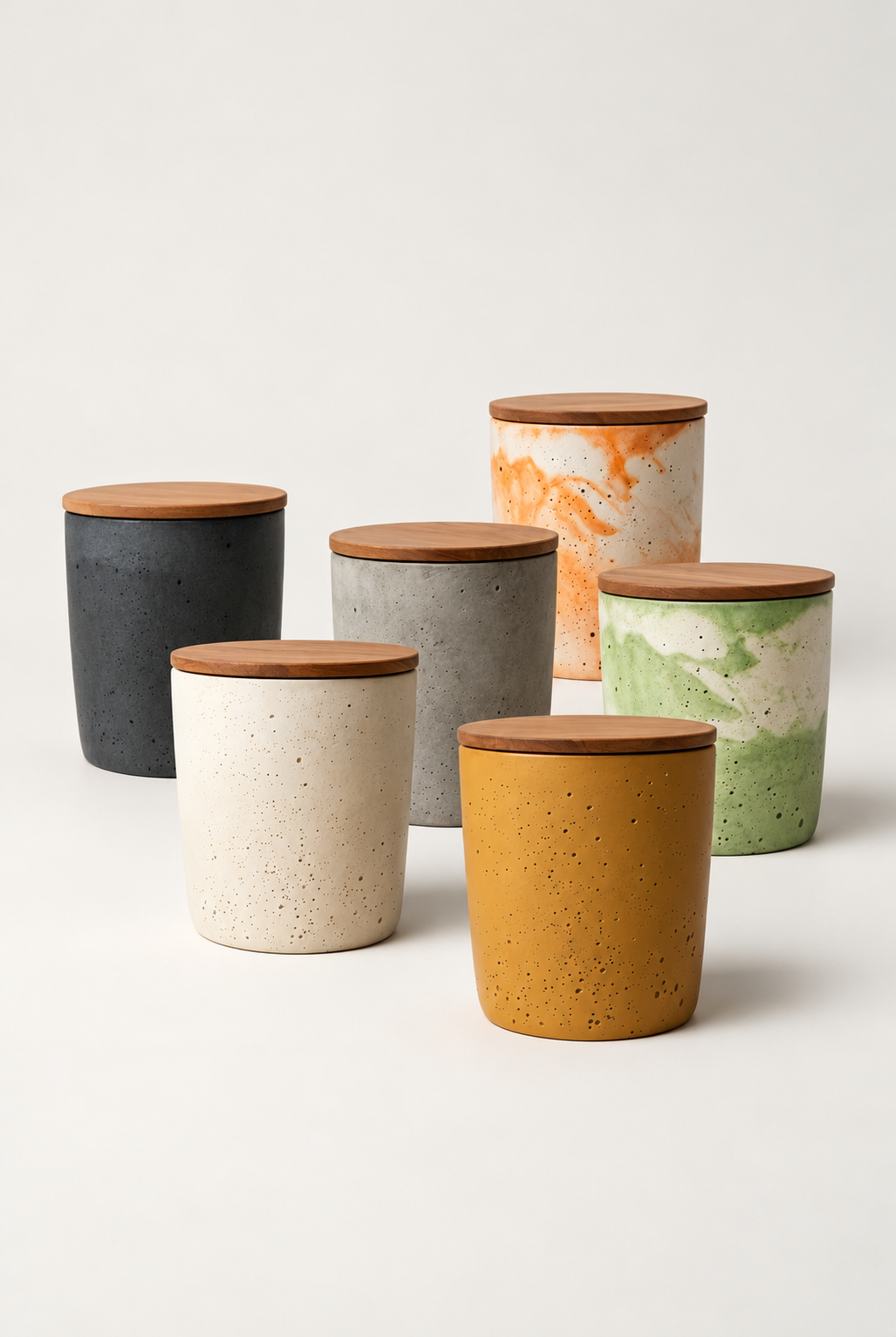 Pot en Béton avec Couvercle en Bois — ensemble des six pots avec couvercles — fond blanc cassé